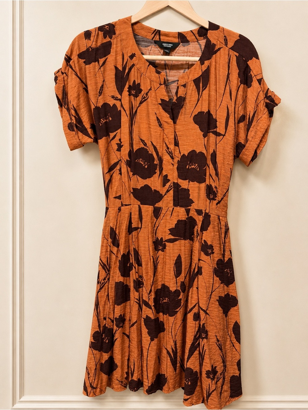 Simply Vera Vera Wang Rust Orange Floral Tie Waist Dress | Size Large - Picture 2 of 4
